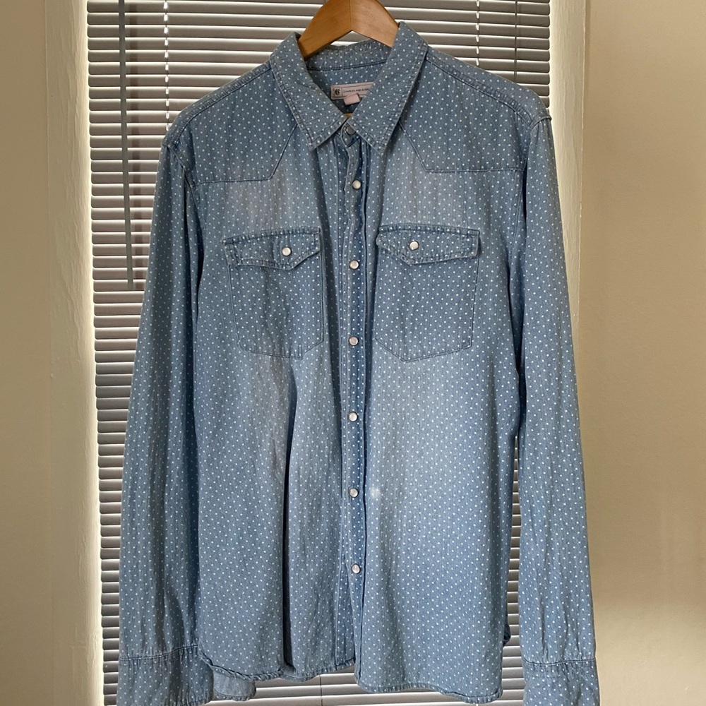 Western style sun faded polka dot washed denim shirt.